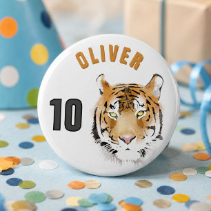 Badge Rond 5 Cm Tête de Tigre Aquarelle Nom Âge Anniversaire