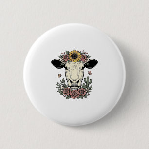 Badge Rond 5 Cm Tête de vache florale dessin vintage gravure Desig