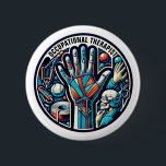 Badge Rond 5 Cm Texte personnalisé de l'ergothérapeute<br><div class="desc">Ce bouton, intitulé "Occupational Therapist Custom Text", représente magnifiquement le domaine de l'ergothérapie dans un style moderne d'art vectoriel. Il comprend une gamme de symboles synonymes d'ergothérapie, y compris les mains engagées dans des activités thérapeutiques et des outils communs comme les bandes de résistance. La conception met l'accent sur les...</div>