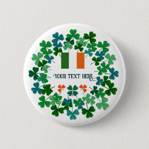 Badge Rond 5 Cm Texte personnalisé Shamrock et drapeau irlandais