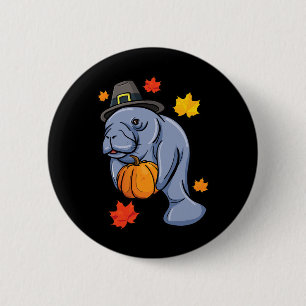 Badge Rond 5 Cm Thanksgiving Manatee Pilgrim Fall Citrouille Dugon