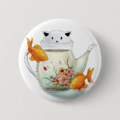 Badge Rond 5 Cm Thé fleurissant dans une théière et un poisson (Devant)