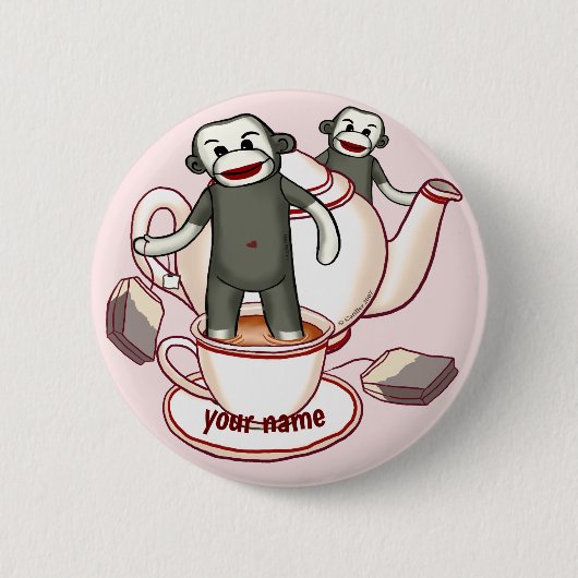 Badge Rond 5 Cm Théière Sock Monkey bouton épinglé (Devant)