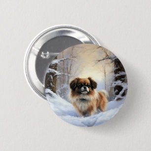 Badge Rond 5 Cm Tibetan Spaniel Qu'il neige Noël