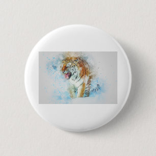 Badge Rond 5 Cm Tiger Roar Animal Art Abstrait Aquarelle Vintage.