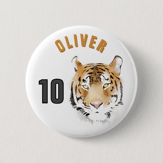 Badge Rond 5 Cm Tiger Tête Aquarelle Nom Âge Anniversaire (Devant)