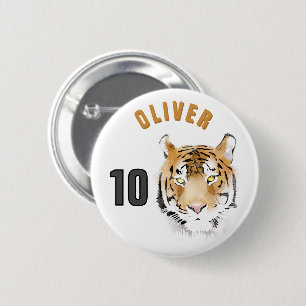 Badge Rond 5 Cm Tiger Tête Aquarelle Nom Âge Anniversaire