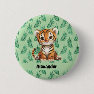 Badge Rond 5 Cm Tigre de dessin mignon sur Feuilles tropicaux