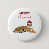 Badge Rond 5 Cm Tigre de Noël drôle animal avec chapeau de Père No (Devant)