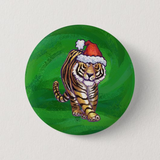 Badge Rond 5 Cm Tigre mignon à Santa Chapeau en vert (Devant)
