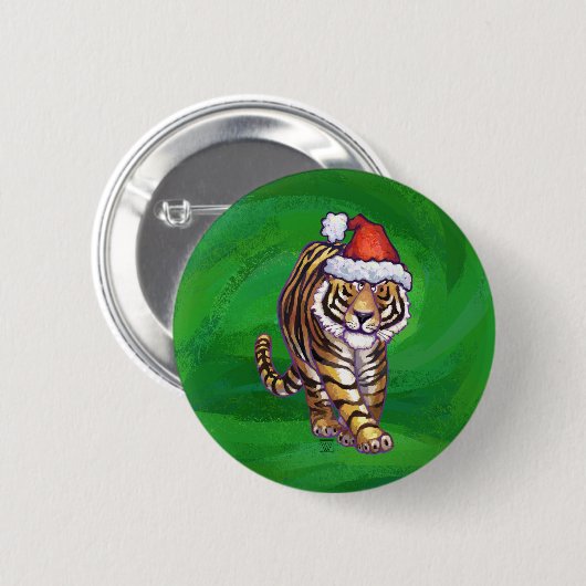 Badge Rond 5 Cm Tigre mignon à Santa Chapeau en vert (Devant & derrière)