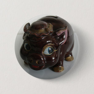 Badge Rond 5 Cm Tirelire Cochon Marron