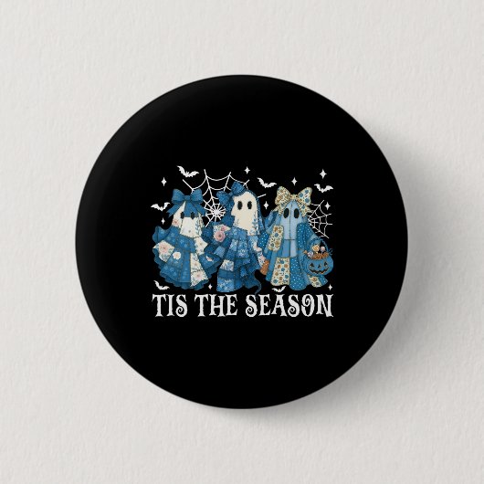 Badge Rond 5 Cm Tis Season Blue Patchwork Ghost Citrouille Éffraya (Devant)