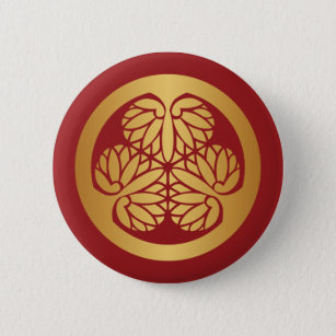 Badge Rond 5 Cm Tokugawa Aoi Mon Japonais Crest or sur rouge