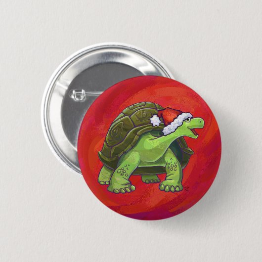 Badge Rond 5 Cm Tortoise Noël sur Rouge (Devant & derrière)