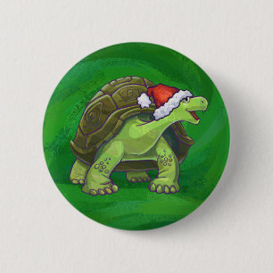 Badge Rond 5 Cm Tortue à Santa Chapeau sur Vert