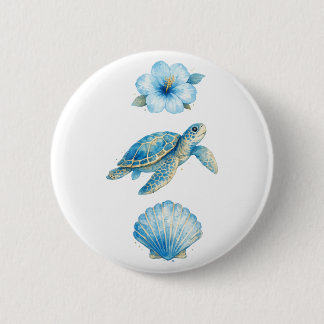 Badge Rond 5 Cm Tortue de mer à l'aquarelle bleue et éléments côti