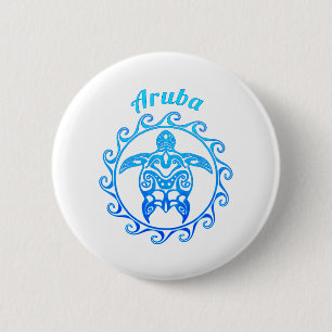 Badge Rond 5 Cm Tortue tribale Aruba de bleu d'océan