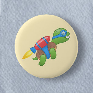 Badge Rond 5 Cm Tortue volante avec un Jetpack rouge Jaune
