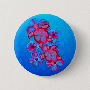 Badge Rond 5 Cm Tortues De Honu Tropicales Et Fleurs D'Hibiscus