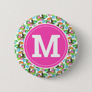Badge Rond 5 Cm Toucan Tropical et Motif Floral d'Été