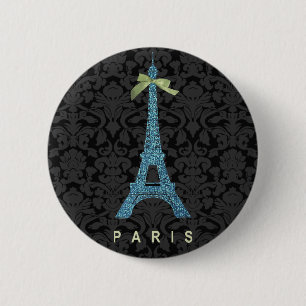 Badge Rond 5 Cm Tour Eiffel bleue en faux parties scintillant