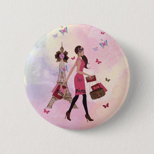 Badge Rond 5 Cm Tour Eiffel rose mignon de Paris de fille (Devant)
