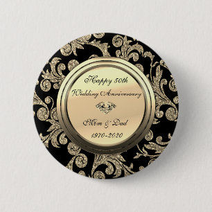 Badge Rond 5 Cm Tourbillons dorés élégants Noir 50e anniversaire d