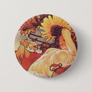 Badge Rond 5 Cm Tournesol Alphonse Mucha