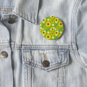 Badge Rond 5 Cm Tournesol Jaune Fond Vert Fleur Floral