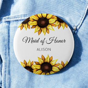 Badge Rond 5 Cm Tournesol Maid of Honal Floral Jaune Bouton blanc