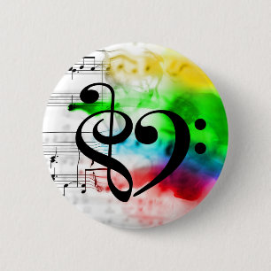 Badge Rond 5 Cm Tréble Clef Bass Clef Heart Watercolor Sheet Musiq