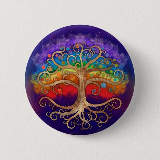 Badge Rond 5 Cm Tree of life Golden Swirl and Rainbow (Devant)