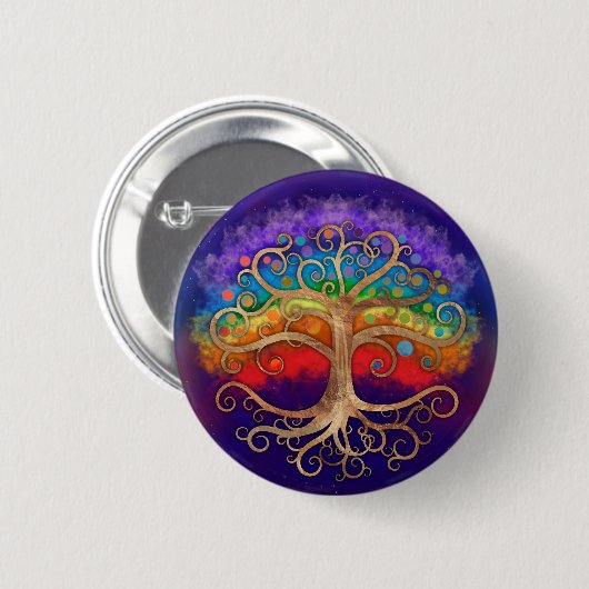 Badge Rond 5 Cm Tree of life Golden Swirl and Rainbow (Devant & derrière)