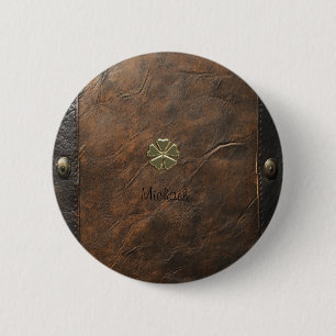 Badge Rond 5 Cm Trèfle doré Saint-Patrick, Cuir marron
