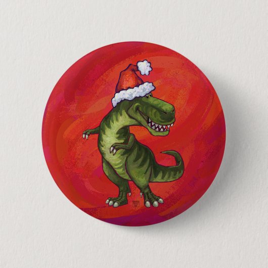 Badge Rond 5 Cm TRex Dino à Santa Hat sur Red (Devant)