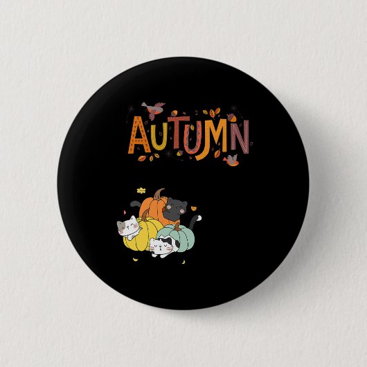 Badge Rond 5 Cm Trio Cute Citrouille Chats Bonjour Automne Automne (Devant)