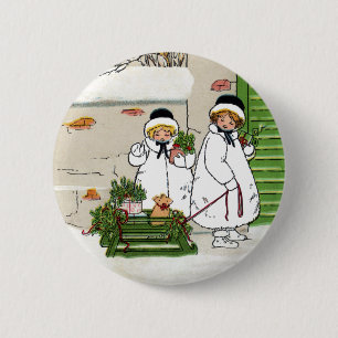 Badge Rond 5 Cm Trois filles et cochon en traîneau Vintage Noël