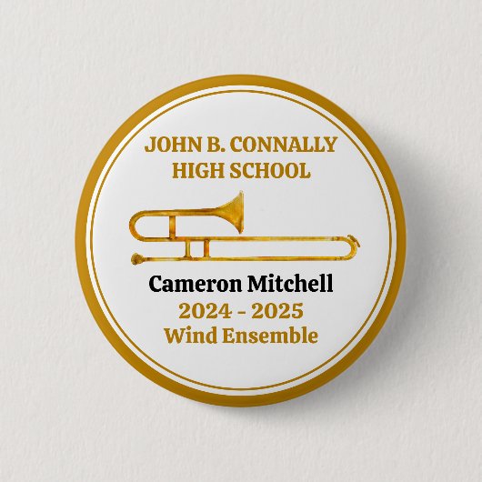 Badge Rond 5 Cm Trombone High School Band Gold Personnalisé (Devant)