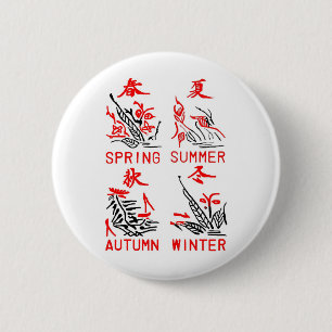 Badge Rond 5 Cm Tuiles de Mahjong, quatre saisons, sur l'arrière
