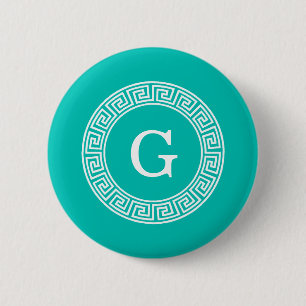 Badge Rond 5 Cm Turquoise Blanc Clé grecque Cadre Ronde Monogramme
