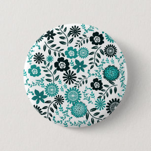 Badge Rond 5 Cm Turquoise bleu et vert olive foncé motif floral