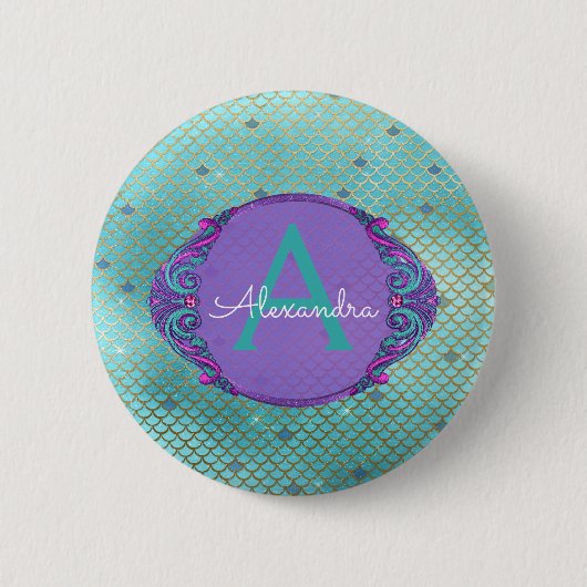 Badge Rond 5 Cm Turquoise vert et mauve Étalons de sirène Monogram (Devant)