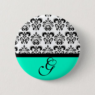 BADGE ROND 5 CM TURQUOISE VERT NOIR BLANC MARIAGE DAMASSÉ MONOGRAM