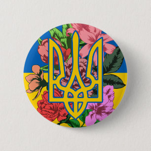 Badge Rond 5 Cm Ukrainian trident and flag of Ukraine with flowers
