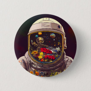 Badge Rond 5 Cm Un astronaute coloré dans l'espace avec des fleurs