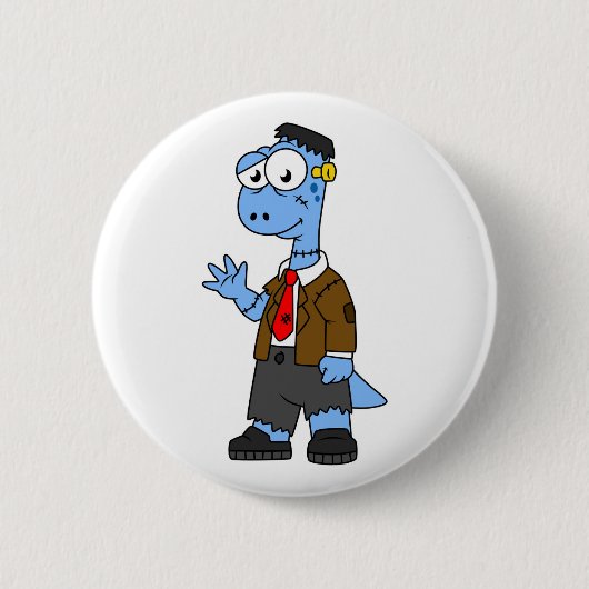 Badge Rond 5 Cm Un Brontosaur Dessiné, Habillé Comme Frankenstein. (Devant)