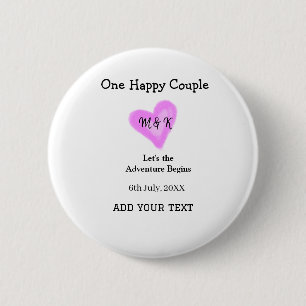 BADGE ROND 5 CM UN COUPLE HEUREUX CŒUR ROSE NOM DATE MARIAGE