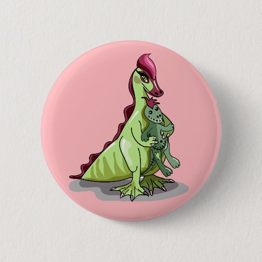Badge Rond 5 Cm Un Hadrosaurus Féminin Tenant Une Poupée. (Devant)