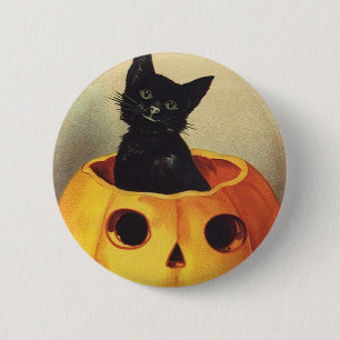 Badge Rond 5 Cm Un joyeux Halloween par Ellen Clapsaddle, Chat Vin